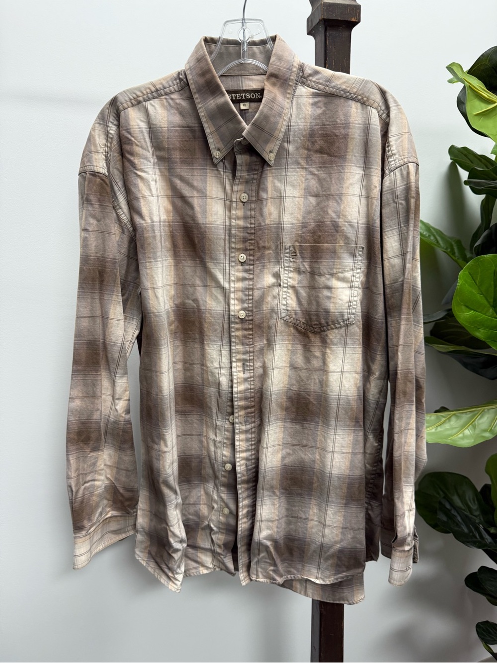 Stetson Men's Brown and Cream Plaid Button-Down Shirt